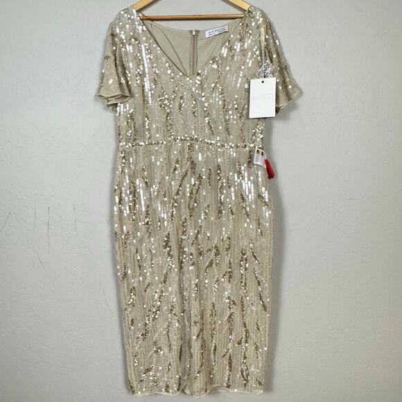 Mac Duggal NWT Women's 14 Sequined V Neck Flutter Sleeve Tea Length Dress 93591 - Picture 3 of 16